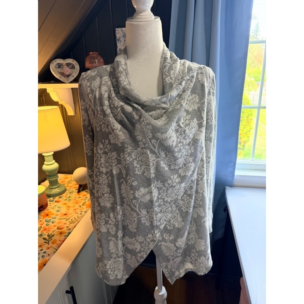Knox Rose Gray Floral Damask Cowl Neck Crossover Front Sweater Pullover